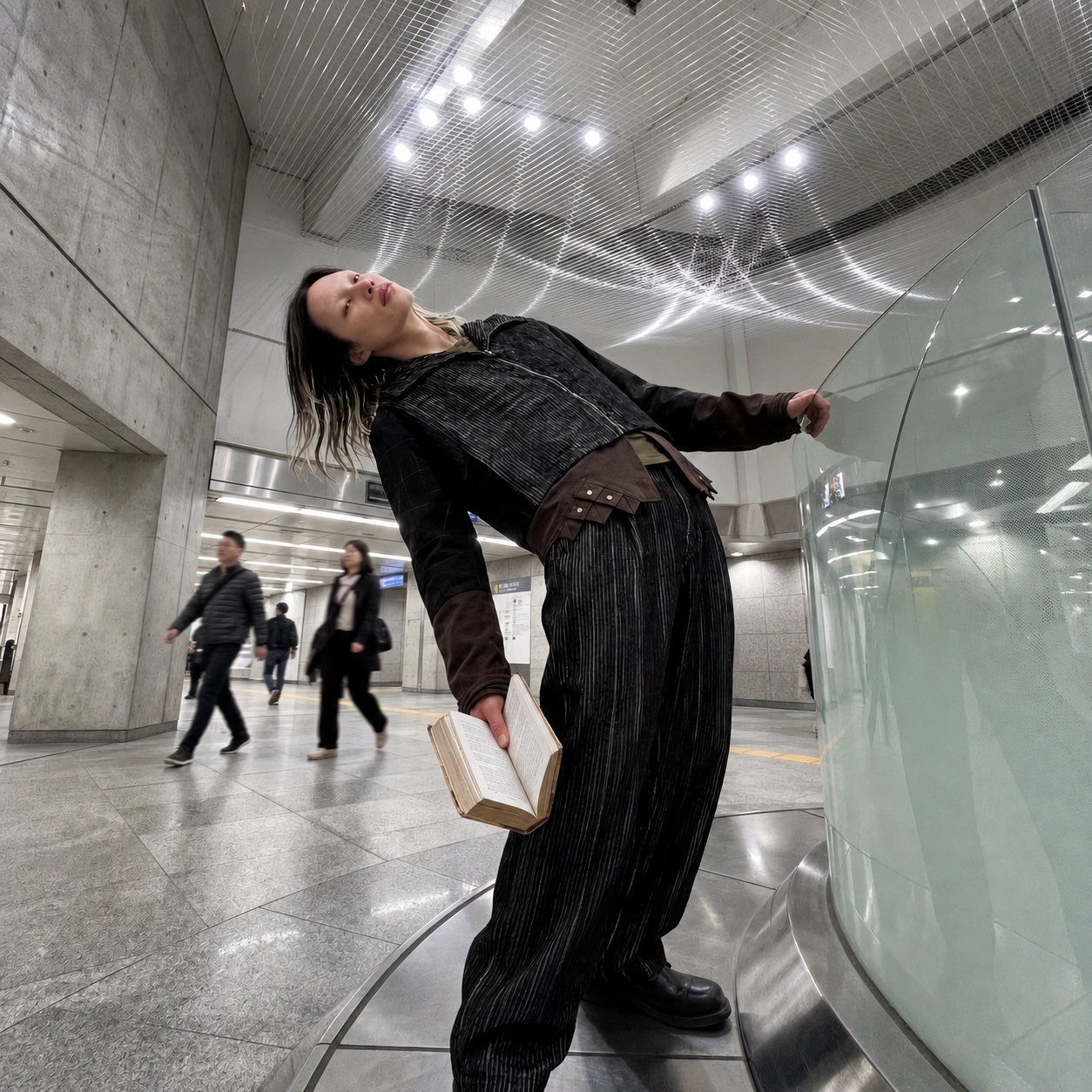 Person holding a book in a luminous subway station