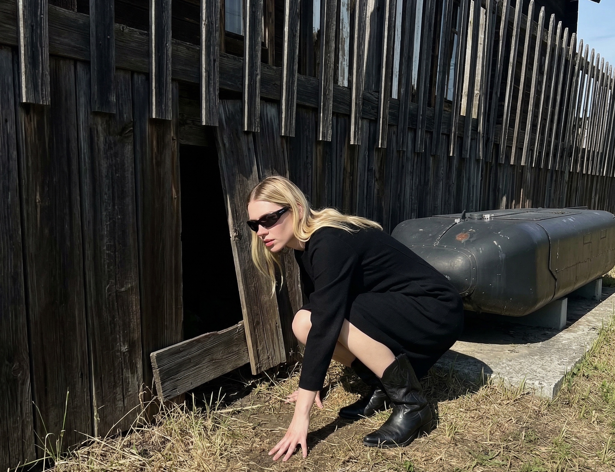 Woman in black beside weathered wooden panels
